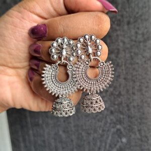 Mayur Oxidised Earrings featuring a detailed peacock design with feathers and jhumka bell