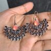 Pankhuri Pink Oxidised Earrings with floral-inspired metalwork and teardrop pink stone