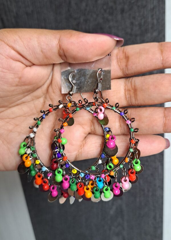 Satrangi Oxidised Earrings with circular design and colourful beads.