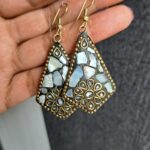 Sayra Earrings with triangular design, mosaic pattern, faux mother-of-pearl pieces, and golden accents