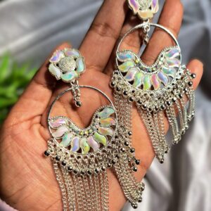 White Chandelier Earrings or Moonlit Amara Chandelier Earrings with floral stud and silver chains, perfect for festive and special occasions.