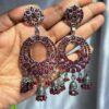 Gulnaar Pink Oxidised Earrings Jhumka with deep pink stones and oxidised silver finish, offering a bold and traditional look.