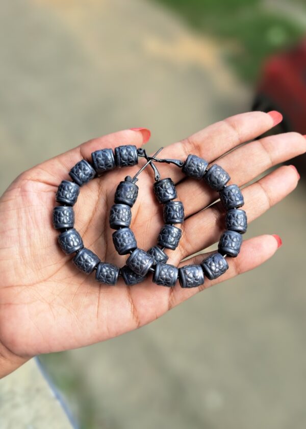 Paridhi Oxidised Hoop Earrings with bold, textured barrel-like beads and a latc