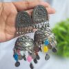 Oxidised jhumka earrings with intricate detailing and vibrant beads, ideal for festive outfits.