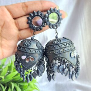 Ruhani Oxidised Jhumka Earrings with intricate detailing, mirror accents, and lightweight design, perfect for festive wear.